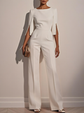 Women White Faux Pearl Slit Boat Neck Half Sleeve Dressy Jumpsuit