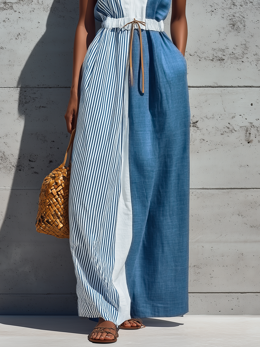 Women’s Color Block Cotton-Linen Striped Linen Sleeveless Maxi Dress With Drawstring Waist & Pockets MDZ0231F6T