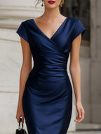 Navy Satin Cap Sleeve Ruched Bodycon Midi Dress