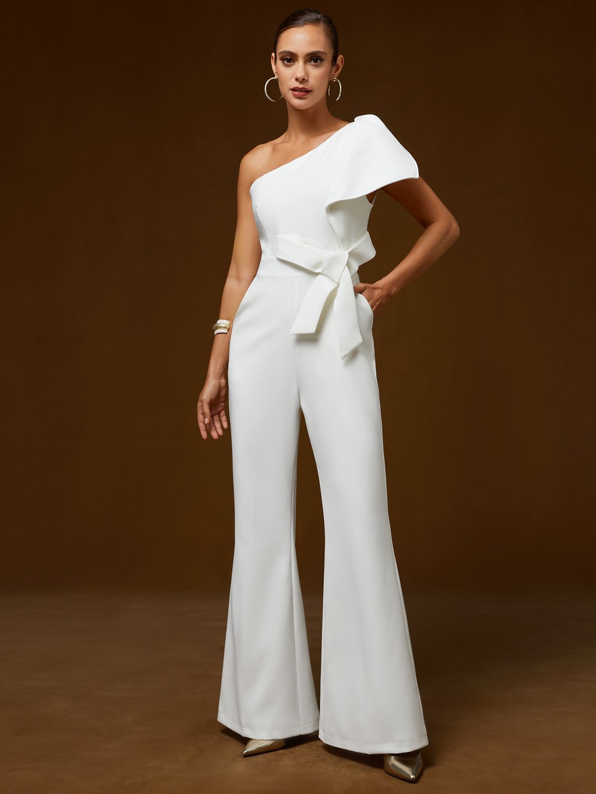 Women White Bow One Shoulder Wide-Leg Jumpsuit