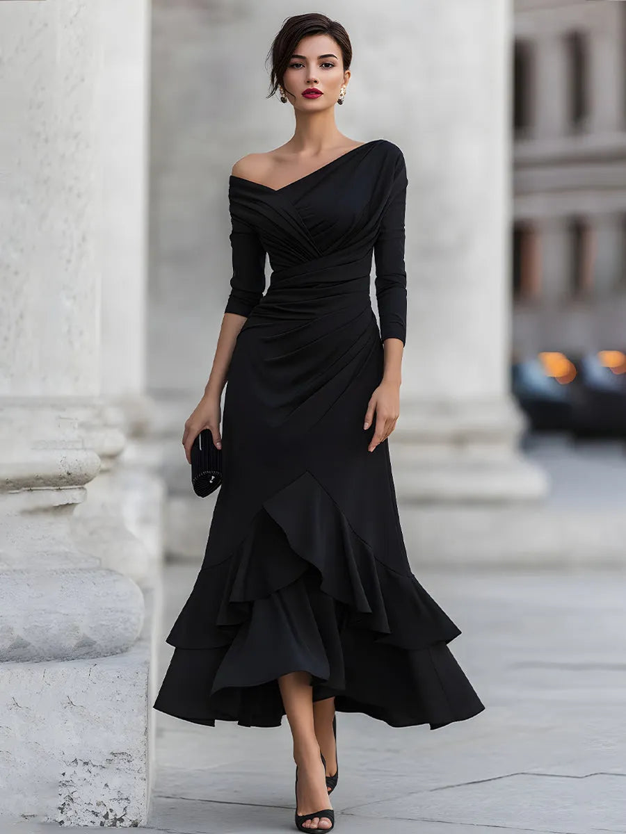 One-Shoulder Ruched Asymmetric Ruffle Hem Maxi Dress