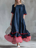 Women’s Patchwork Striped Midi Dress – Casual Red Summer Dress