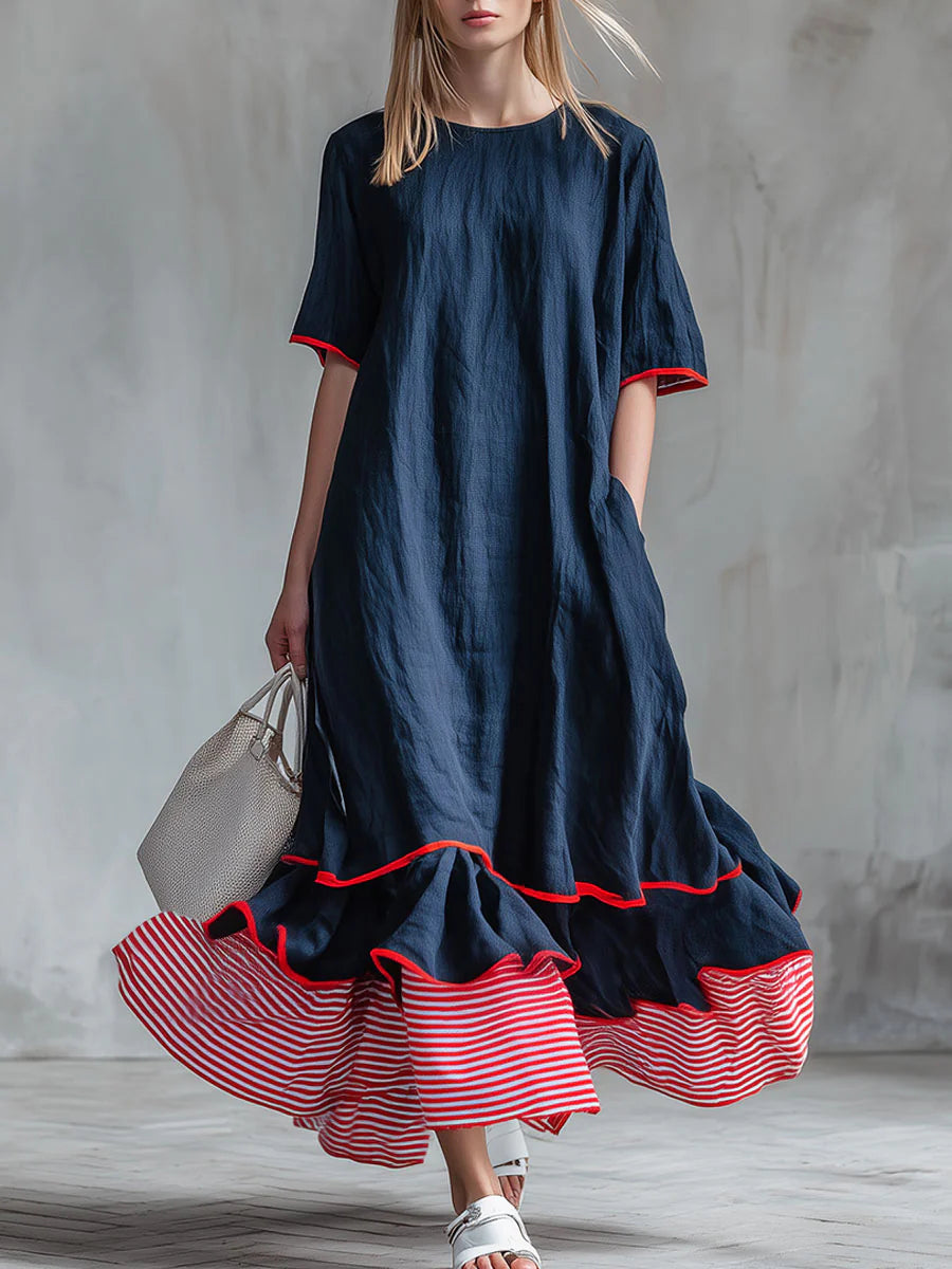 Women’s Patchwork Striped Midi Dress – Casual Red Summer Dress