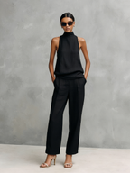 Women's Elegant Black Cotton And Linen Round-neck Sleeveless Top And Trousers Set MDZ1441A4AN