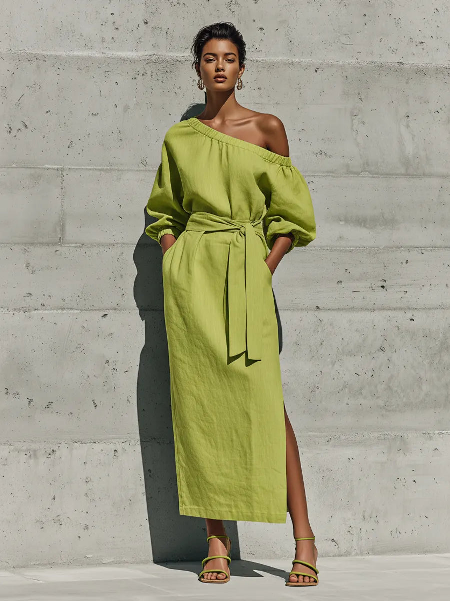 Women’s Lime Green Linen-Blend Off-The-Shoulder Puff Sleeve Tie Waist Midi Dress With Side Slit MDZ1150F0T