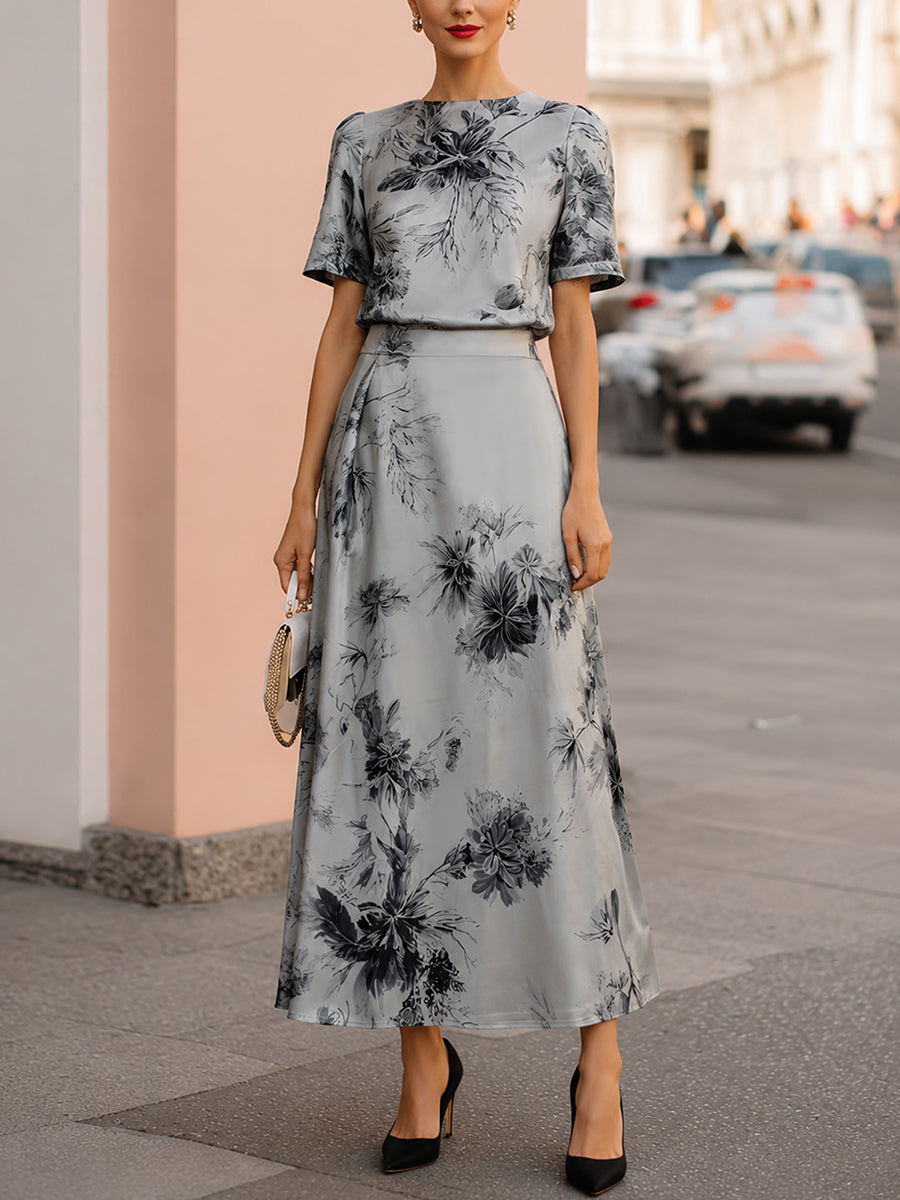 Ethereal Silver-Grey Floral Printed Two-Piece Maxi Set