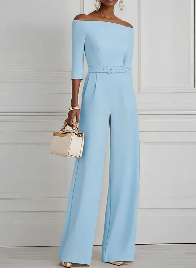 Women Purple Off The Shoulder Half Sleeve Dressy Jumpsuit With Pockets