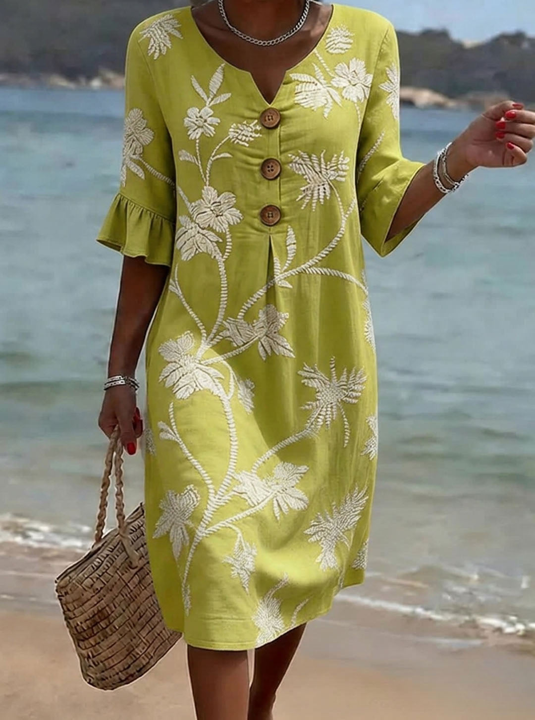 Women's Floral Print Casual Cotton-Linen Dress