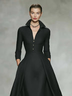 Women's Minimalist Linen-Blend Long-Sleeve Midi Dress With Collar And V-Neck MDZ1529F7WY