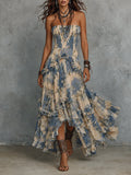 Elegant strapless printed chiffon maxi dress with  ruffles