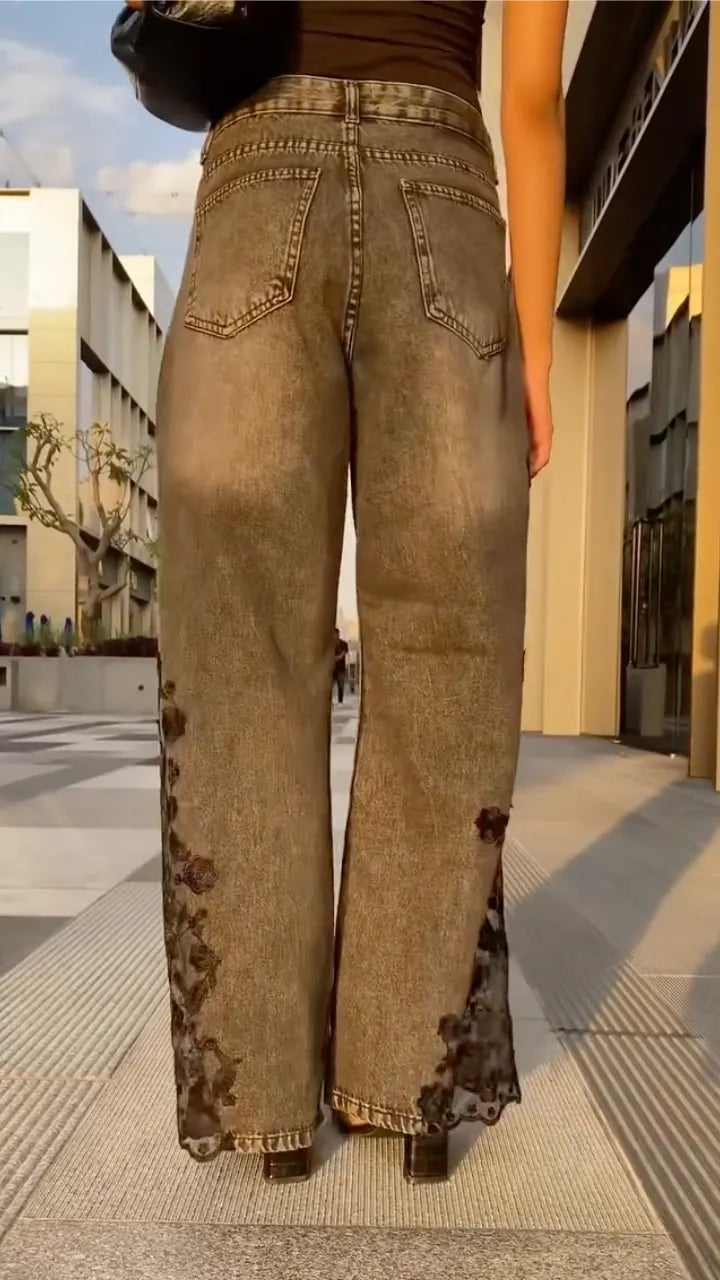 Vintage Washed Grey Floral Lace Slit Wide-Leg Jeans