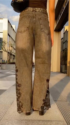 Vintage Washed Grey Floral Lace Slit Wide-Leg Jeans
