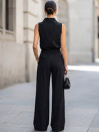 Sleeveless High-Neck Pinstripe Wide-Leg Two-Piece Set