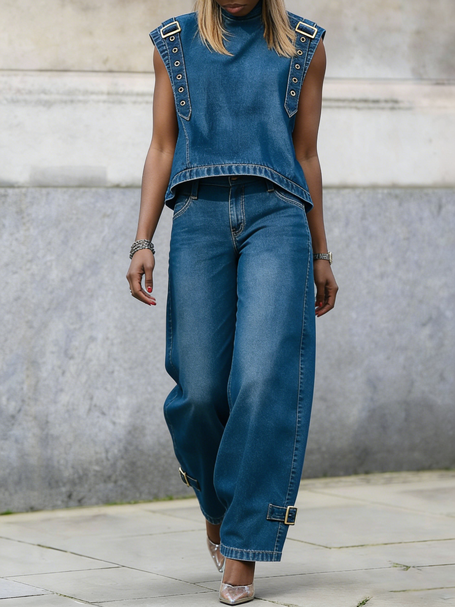 Stylish Casual Strap Detail Loose H-line Jeans