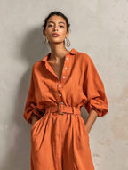 Women's Minimalist Cotton-Linen Jumpsuit With Belt — Wide-Leg Trousers And Mid-Length Sleeves MDZ2965E9ZJW