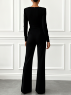 Women Black Rhinestone Square Neck Long Sleeve Dressy Jumpsuit
