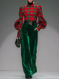 Trendy Retro Plaid Velvet Turtleneck Long-sleeved T-shirt And Wide-leg Pants Set