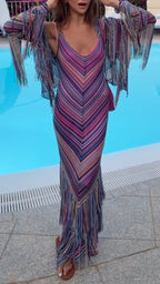 Rainbow Chevron Fringe Knit Maxi Dress with Matching Fringe Cover-Up