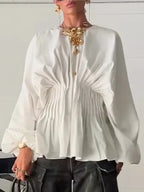 Ruched Waist Satin Long Sleeve Blouse