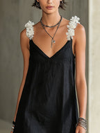 Black V-neck Floral Strap Mini Dress