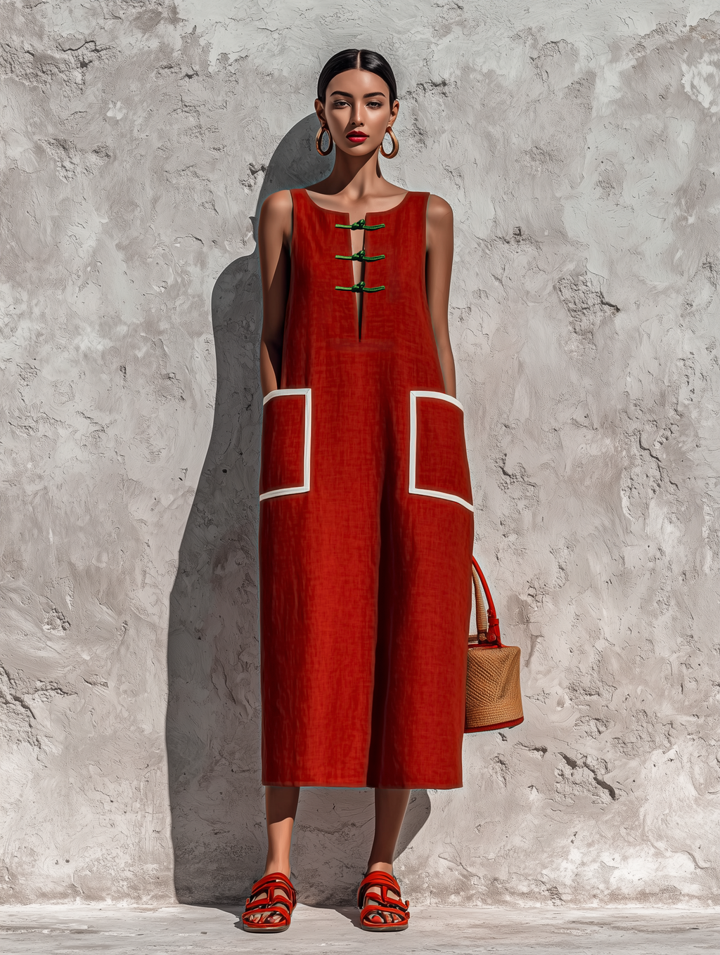 Women's Red Cotton-Linen Blend Sleeveless Midi Dress With Contrasting White Piping And Double Side Patch Pockets MDZ0318F7T