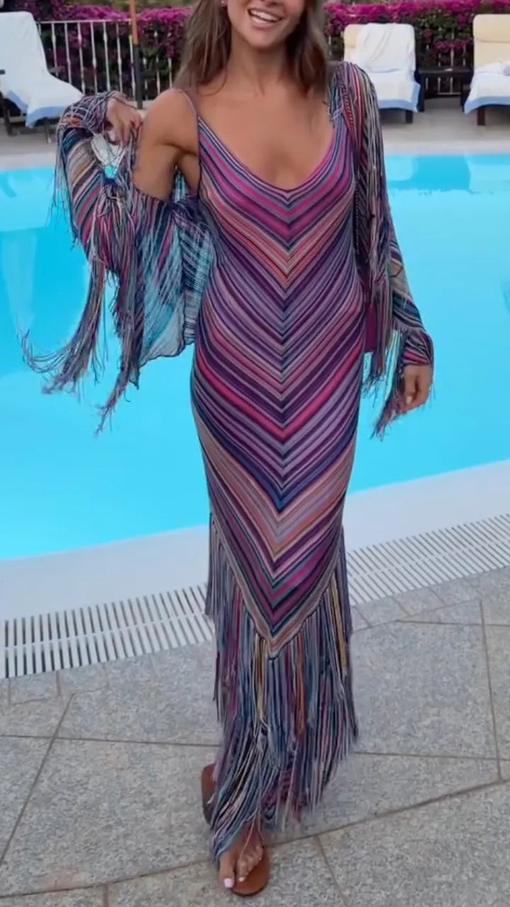 Rainbow Chevron Fringe Knit Maxi Dress with Matching Fringe Cover-Up
