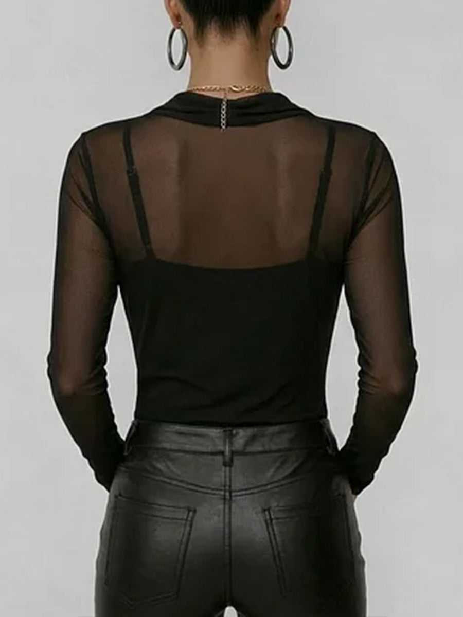 Women's Swing Neck Long-sleeved Casual Loose-fitting Sheer Mesh Top