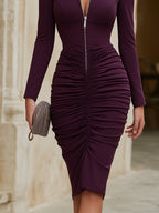 Zip-Front Ruched Midi Dress With Sculpted Silhouette