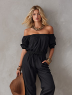 Women's Casual Black Woven Off-Shoulder Sleeveless Jumpsuit MDZ1751F1LXY
