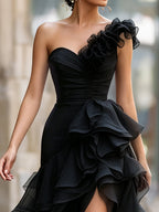 Black One-Shoulder Ruffled Evening Gown With Front Slit