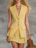 Exquisite Fashion Vacation Yellow Striped Tank Top And Skirt Set