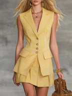 Exquisite Fashion Vacation Yellow Striped Tank Top And Skirt Set