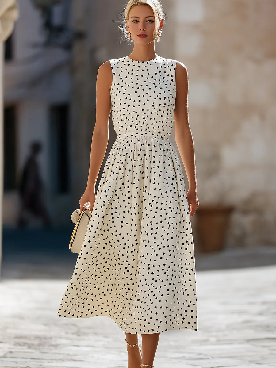 Timeless Sleeveless Polka Dot Midi Dress With Gathered Waist