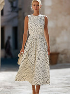 Timeless Sleeveless Polka Dot Midi Dress With Gathered Waist
