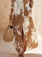 Brown White Floral Print Vacation Maxi Shirt Dress
