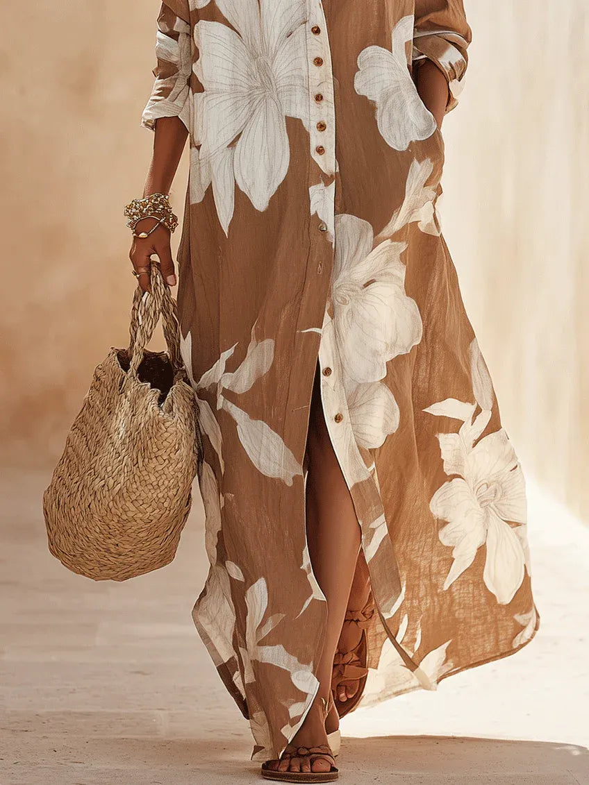 Brown White Floral Print Vacation Maxi Shirt Dress