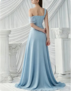 One Off Shoulder 3D Flower Cross Ruched Chiffon Maxi Dress