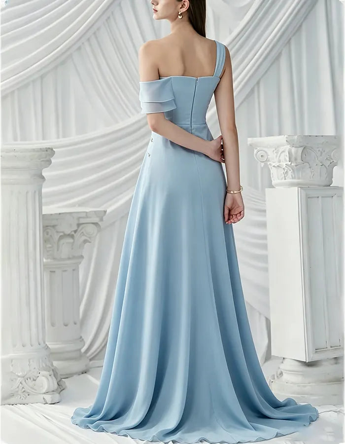 One Off Shoulder 3D Flower Cross Ruched Chiffon Maxi Dress
