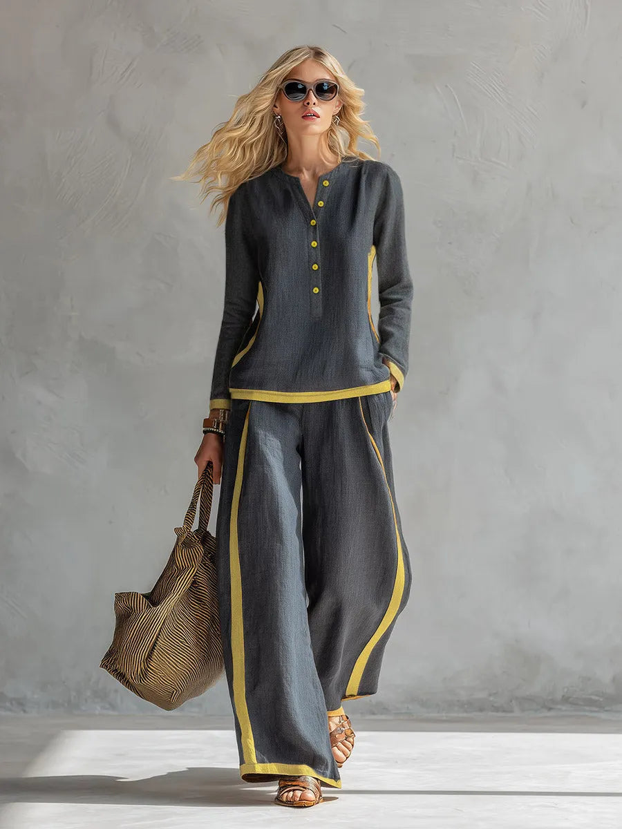 Elegant And Casual Two-tone Trim Gray Cotton And Linen Shirt And Pants Set