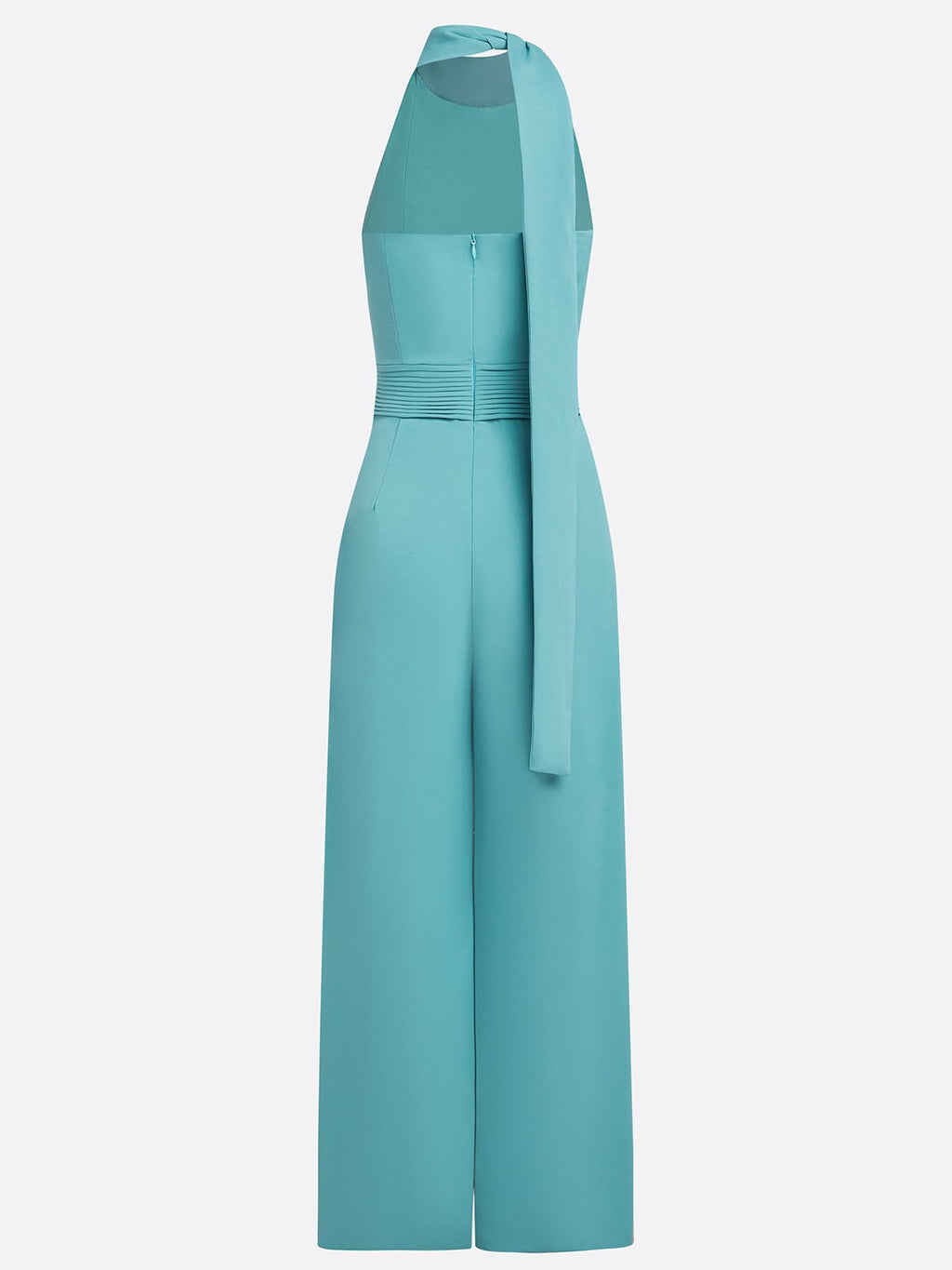 Women Cyan Ruched Halter Mock Neck Sleeveless Dressy Jumpsuit