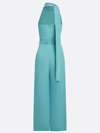 Women Cyan Ruched Halter Mock Neck Sleeveless Dressy Jumpsuit