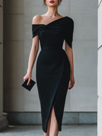 Black Asymmetric Off-Shoulder Midi Dress
