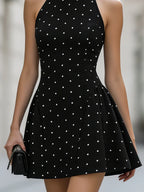 Elegant Polka Dot Halter Neck Sleeveless Flared Mini Dress