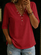 Casual V-neck Snap Button 100% Cotton T-shirt