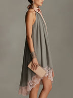 Grey Halter Neck Satin Bow And Lace-trimmed Mini Dress