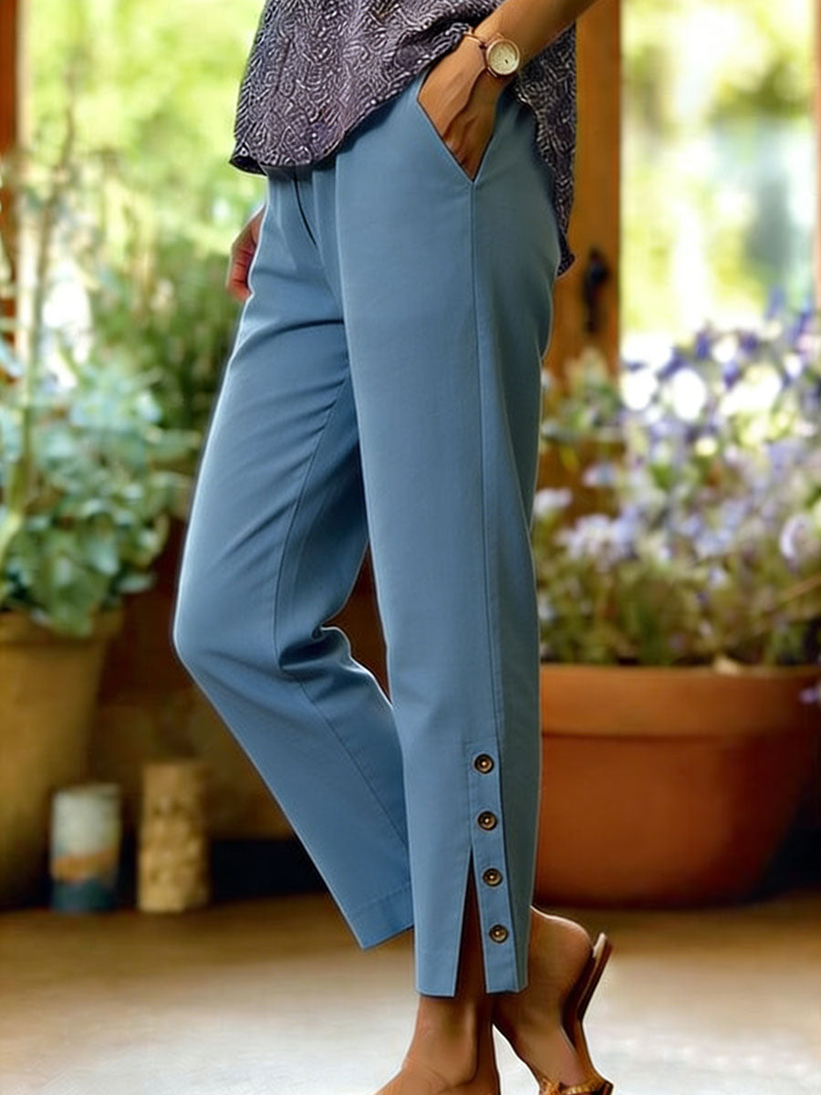 Women's Cotton-linen Button Slit Solid-color Loose-fit Casual Trousers