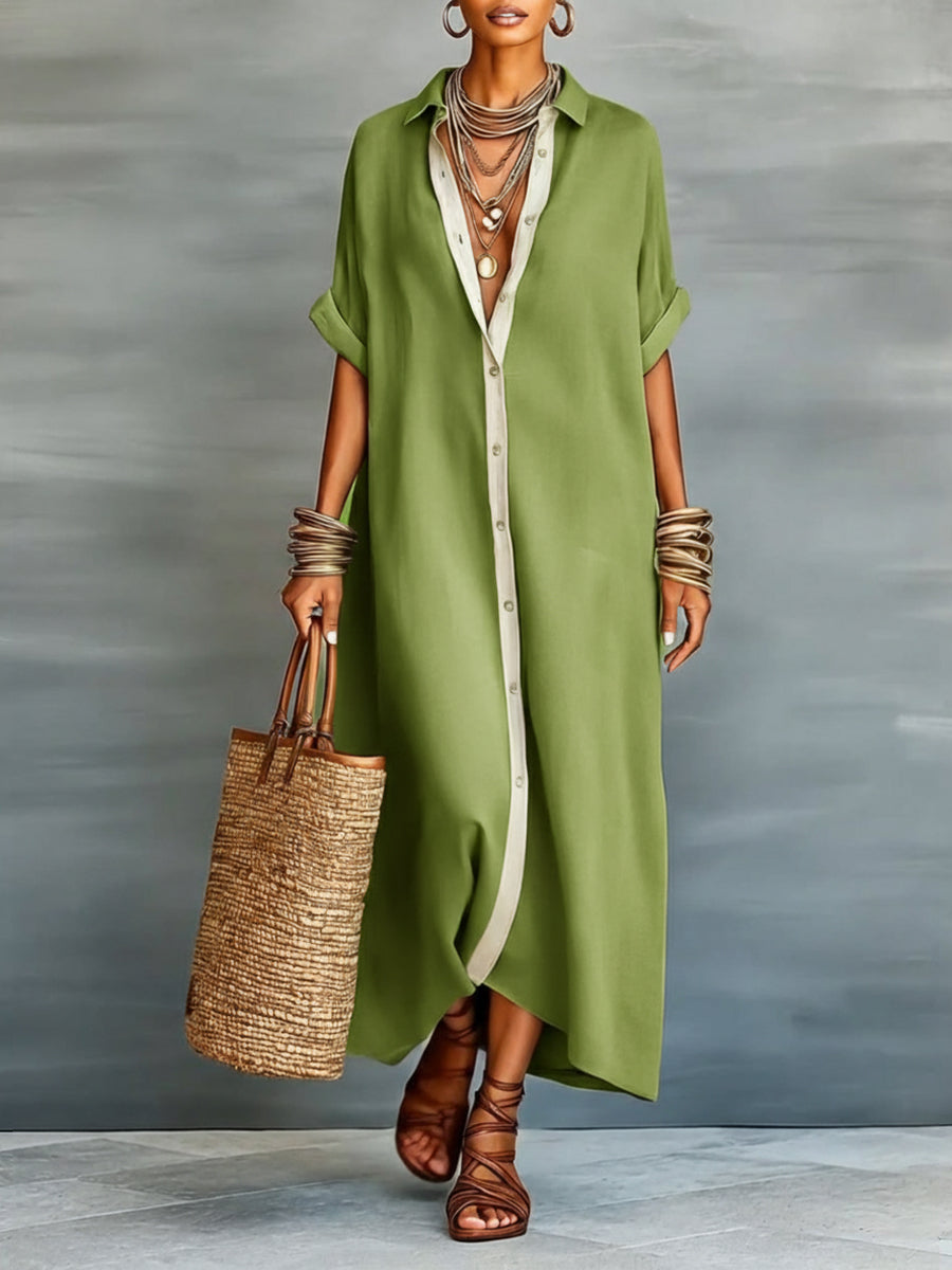 Women’s Linen & Cotton Shirt Dress – Casual Loose Fit Summer Midi Dress