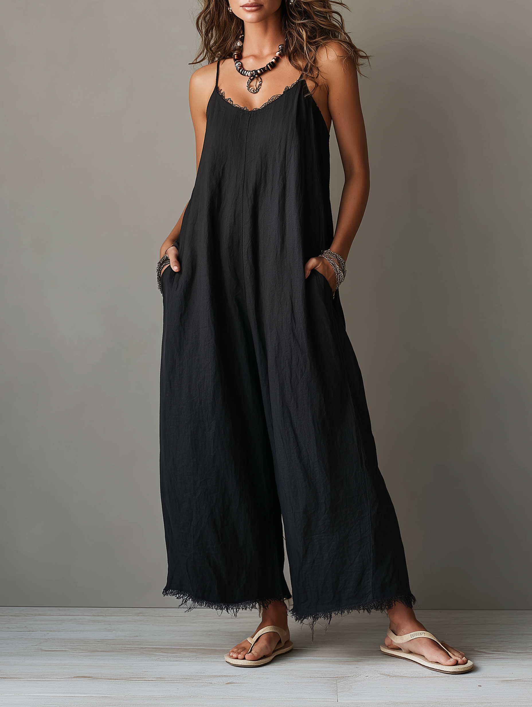 Women's Minimalist Loose-Fit Linen-Blend Jumpsuit With Lace Neckline, Spaghetti Straps, And Frayed Hems MDZ0171F3Y