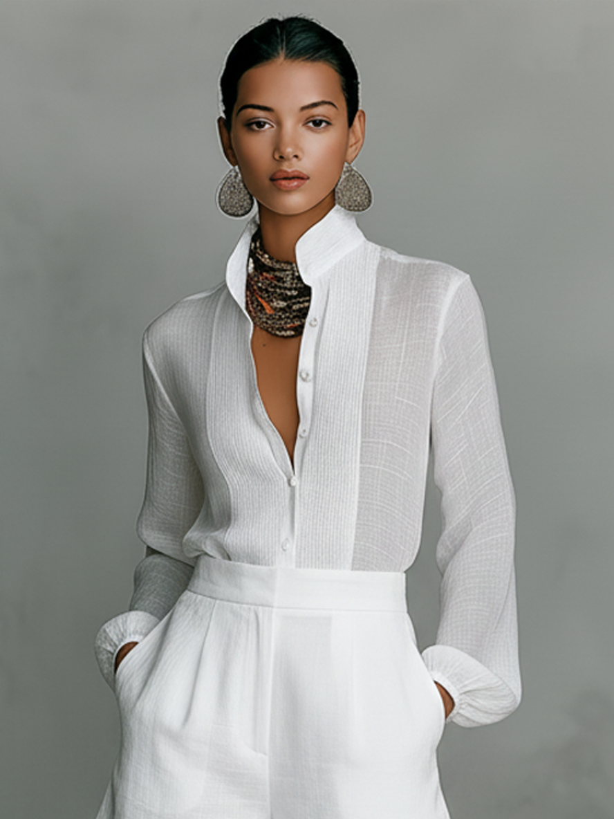 Women's Minimalist Linen-Blend Stand-Collar Single-Breasted Long-Sleeve Shirt And Shorts Set MDZ0592F0WY