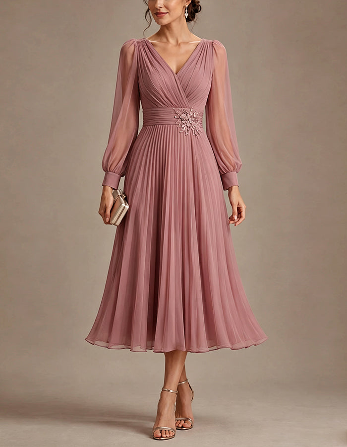 Grayish Pink Chiffon V-neck Long Sleeve Midi Dress